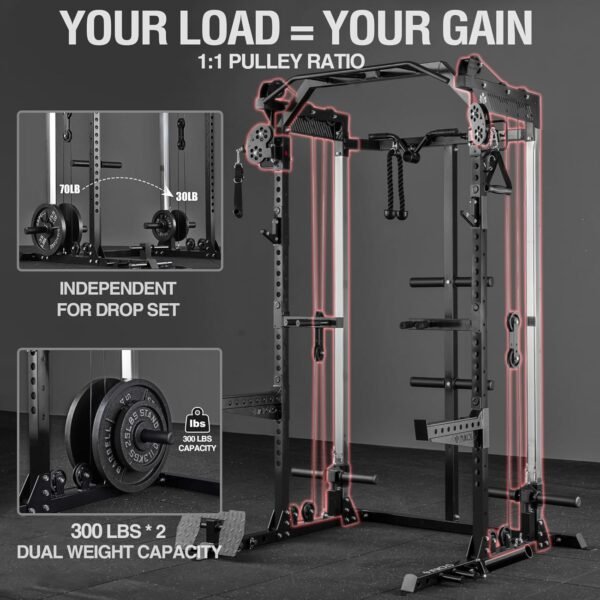 Mikolo Power Cage, 2000LB Power Rack with Independent Dual Pulley System