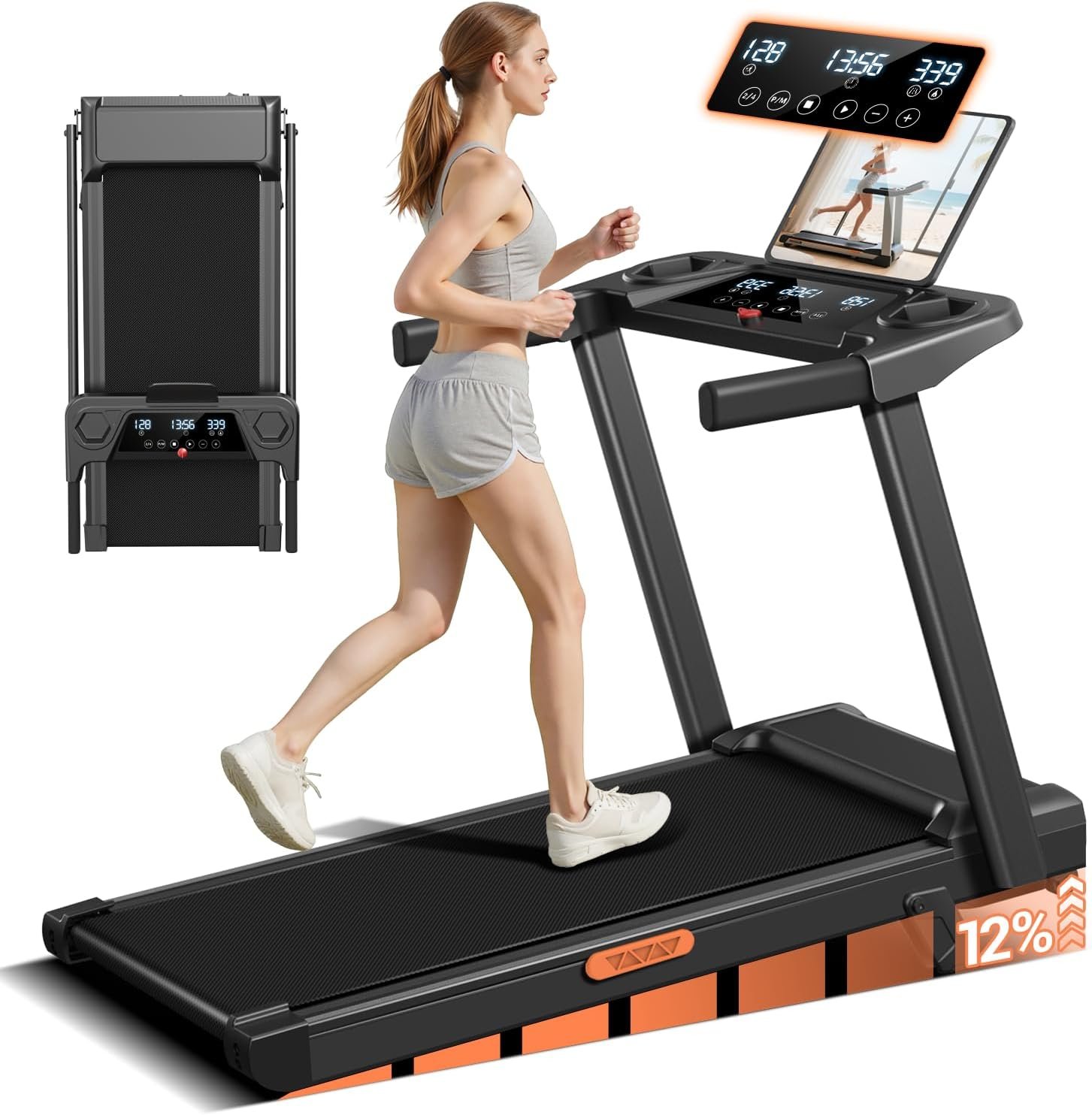12% Incline Treadmill with Handle 3-in-1 Portable Treadmills for Home and Office