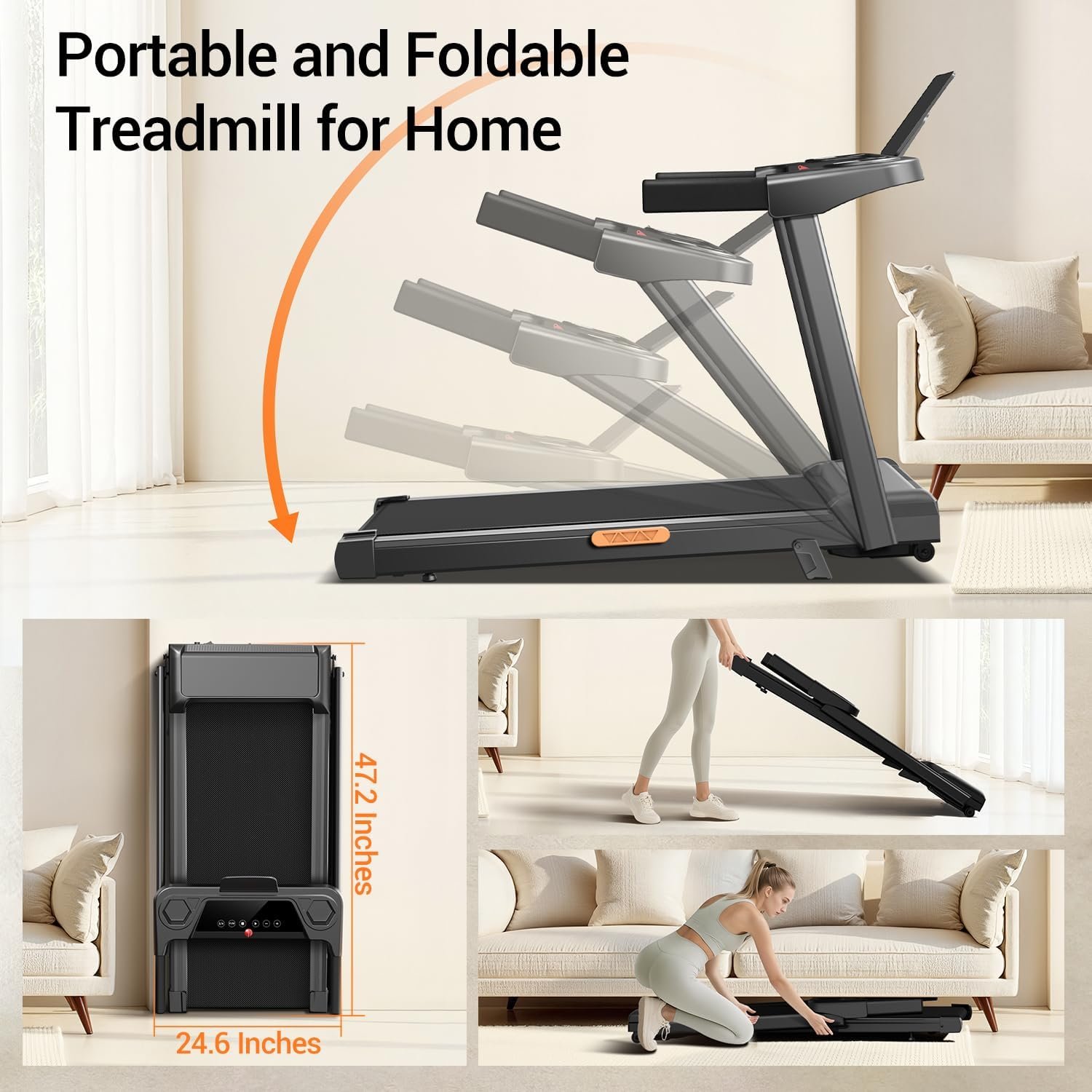 12% Incline Treadmill with Handle 3-in-1 Portable Treadmills for Home and Office