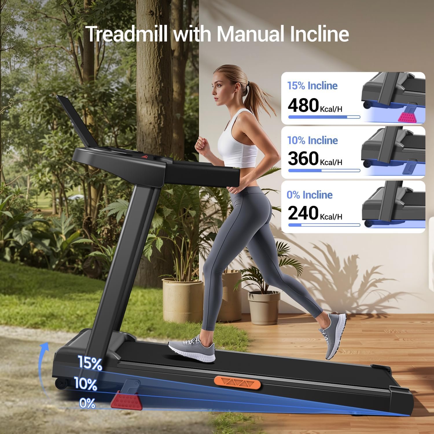 3-in-1 Treadmill with 15% Incline Portable Treadmills for Home with Handle
