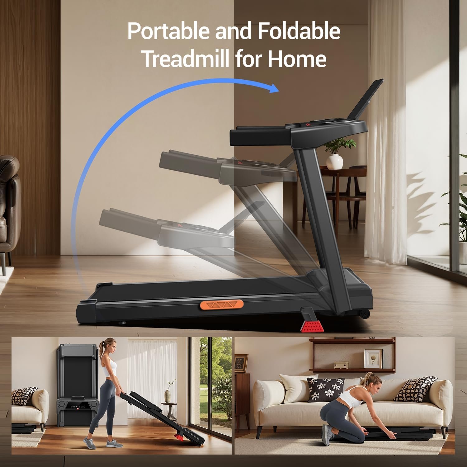 3-in-1 Treadmill with 15% Incline Portable Treadmills for Home with Handle