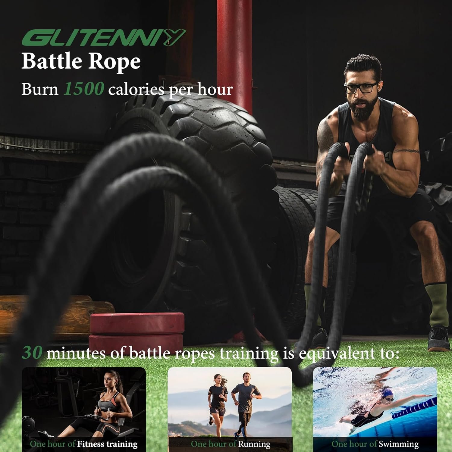 Battle Ropes Black Workout Rope 1 inch Battle Ropes for Home Gym 30ft 45