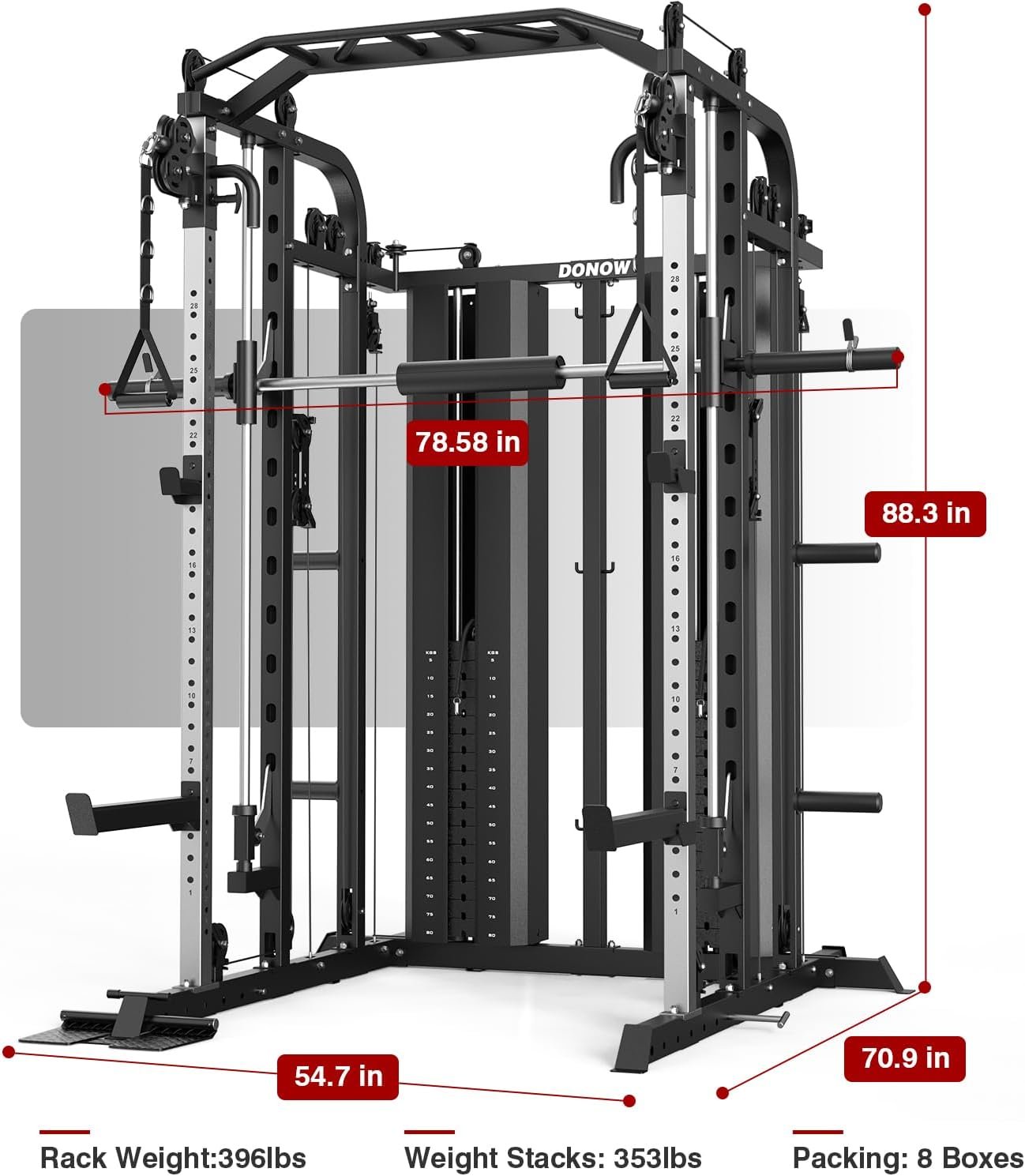 DONOW Smith Machine with Weight Stacks Home Gym Sytem Power Cage Squat Rack Dual Cable Crossover Machine All in One 6
