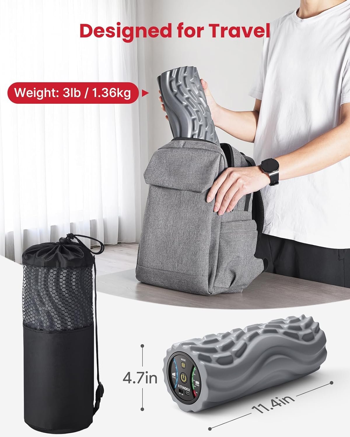 FITINDEX Vibrating Foam Roller for Back Pain 5-Speed Muscle Massage 3