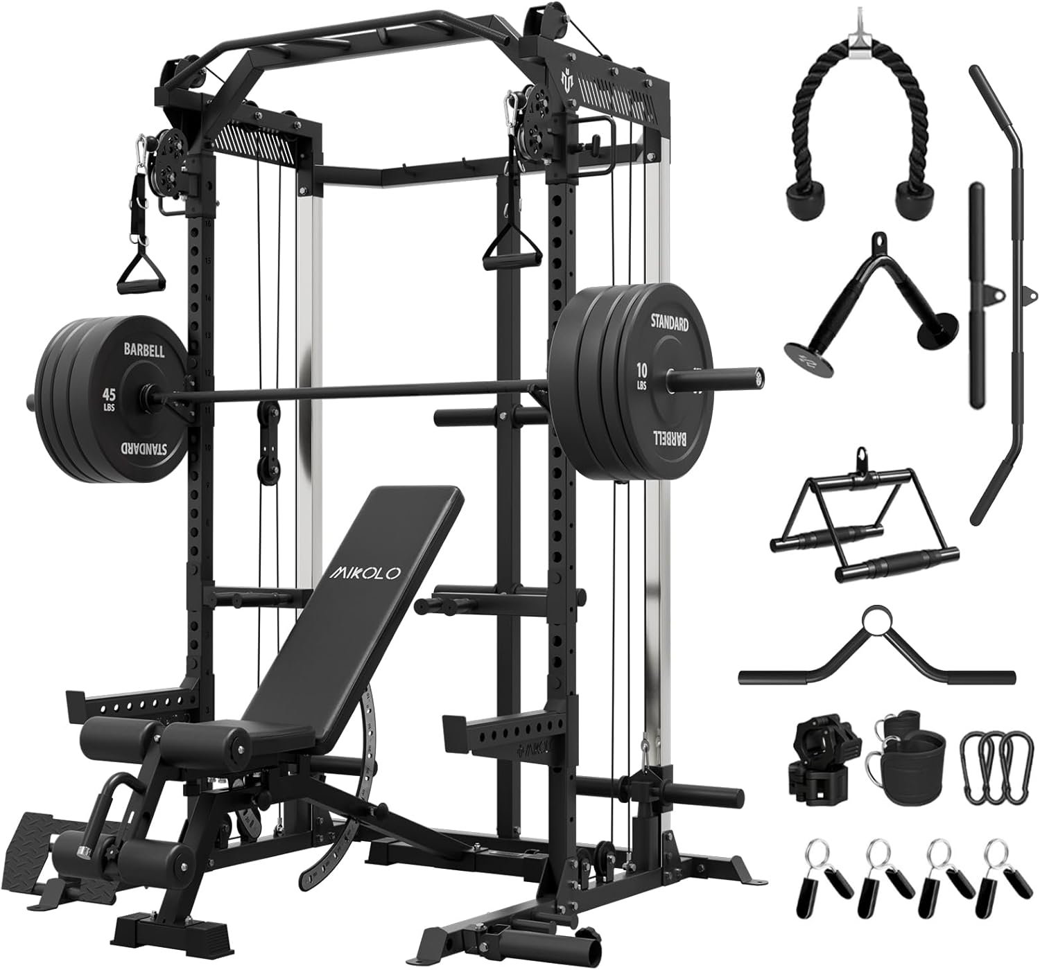 Mikolo Power Cage, 2000LB Power Rack with Independent Dual Pulley System, Multi-Function Home Gym Workout Machine