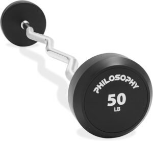 Philosophy Gym Rubber Fixed Barbell Pre-Loaded Weight EZ Curl Bar 50 LB