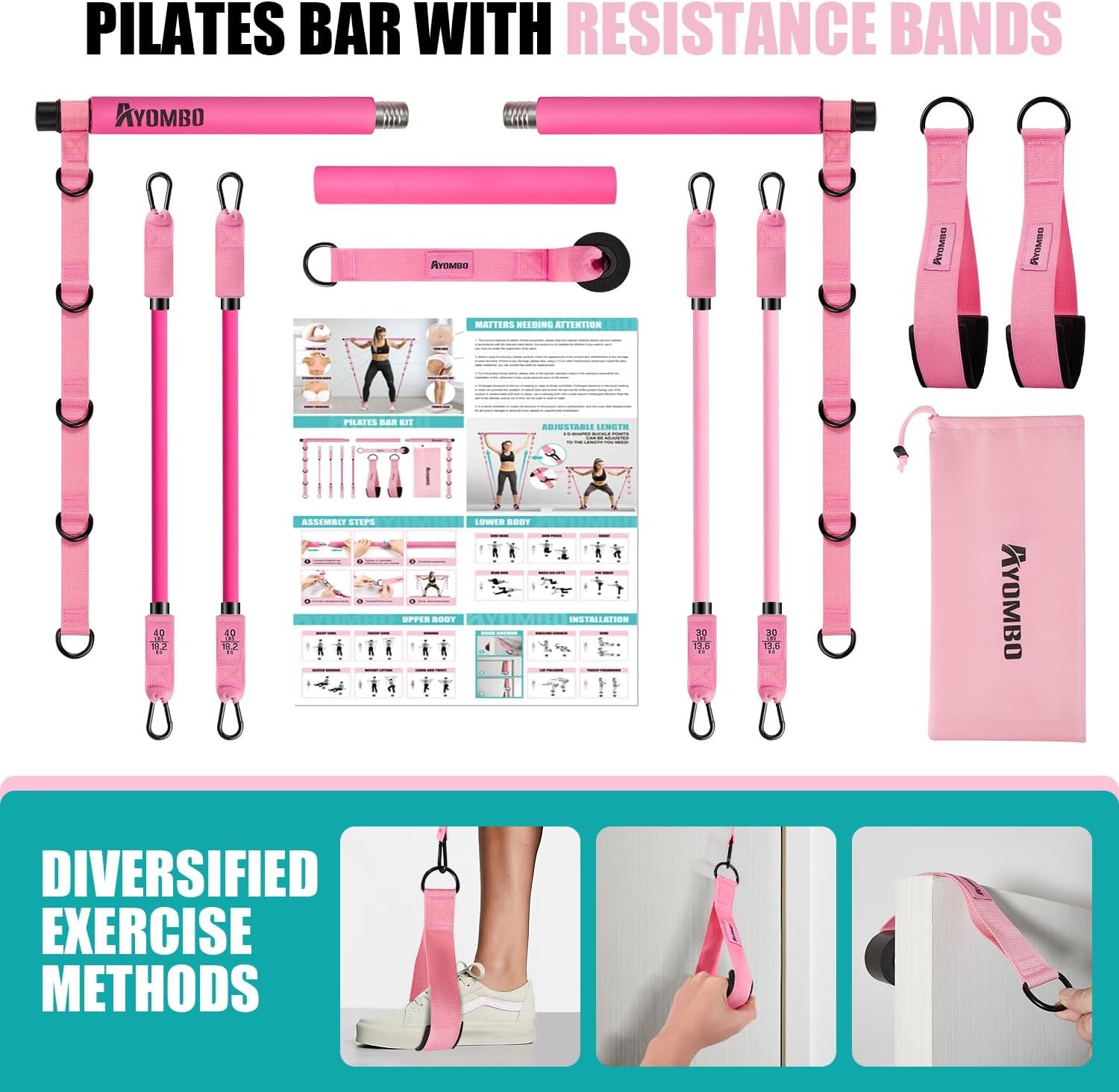 Pilates Bar Kit with Resistance Bands Pilates Workout Equipment for Legs Hip Waist Arm