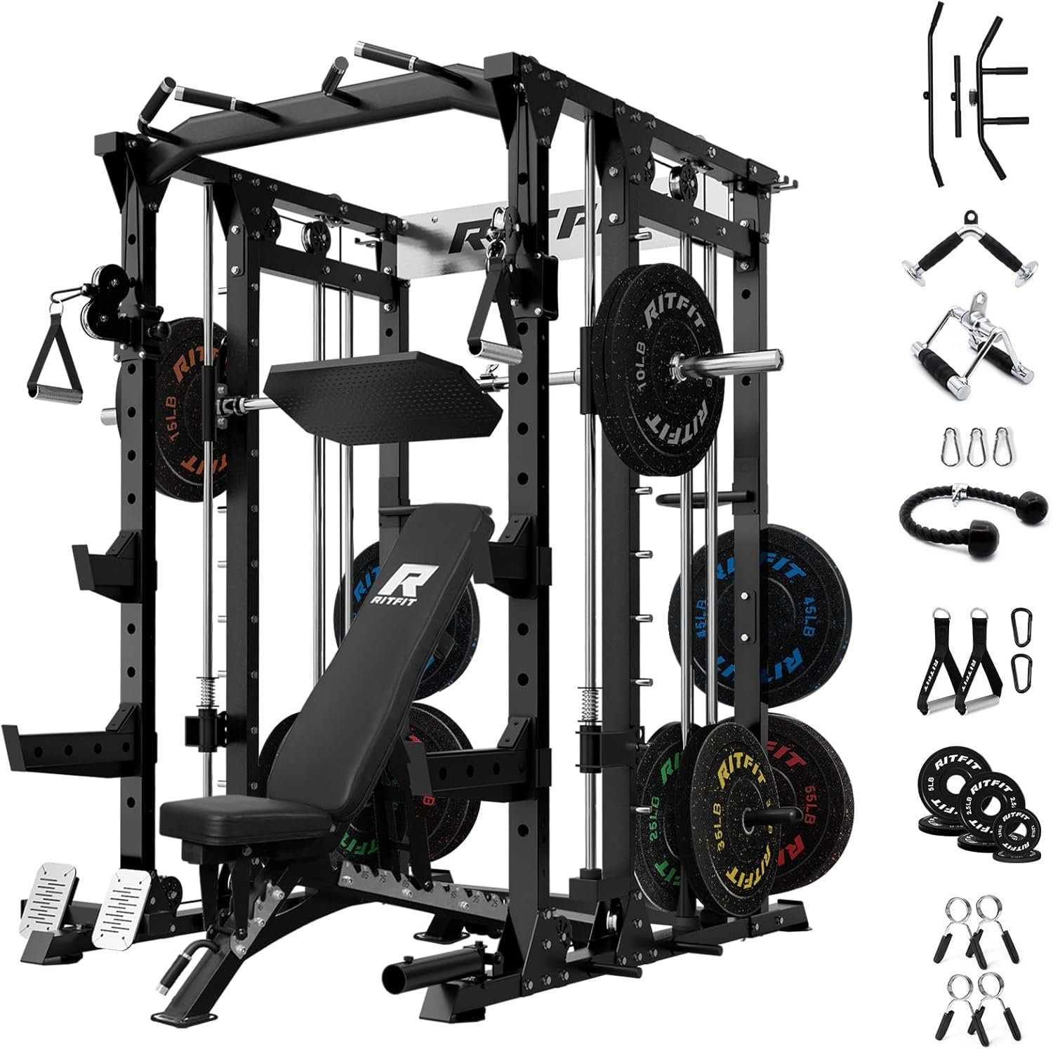RitFit Smith Machine Power Cage with LAT Pulldown & Cable Crossover, All-in-One Power Rack Home Gym System
