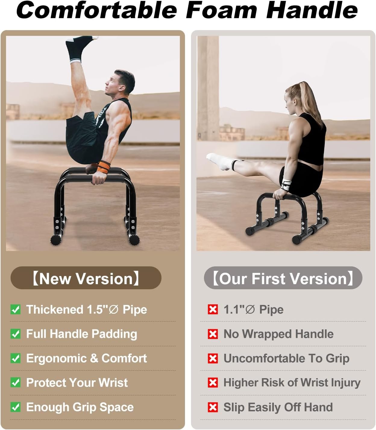 TABEKE Push Up Bar 14'' High Steel Parallettes and Dip Bar with Full Coverage Foam Handle