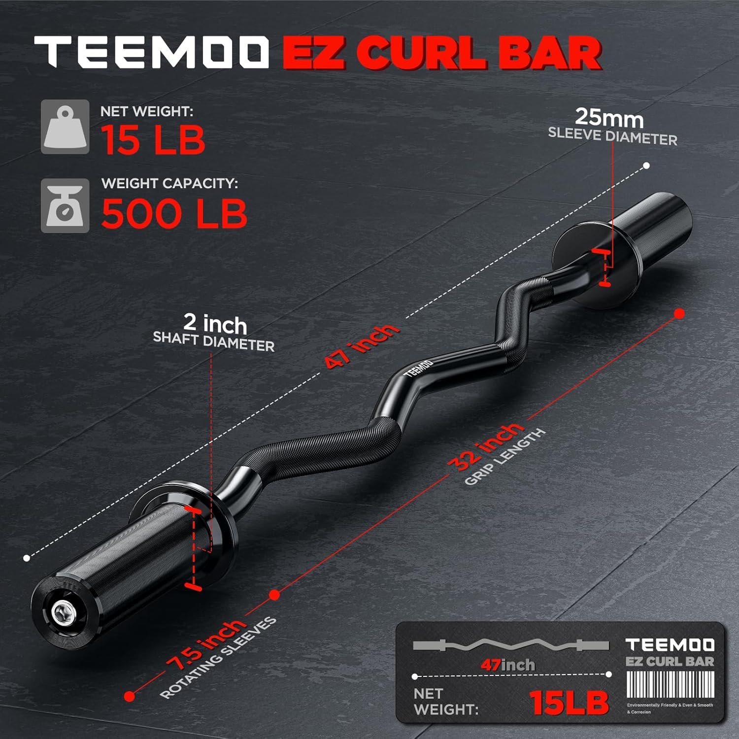 TEEMOO Olympic EZ Curl Barbell Bar 47" Curl Bar with 2 Spring Collars