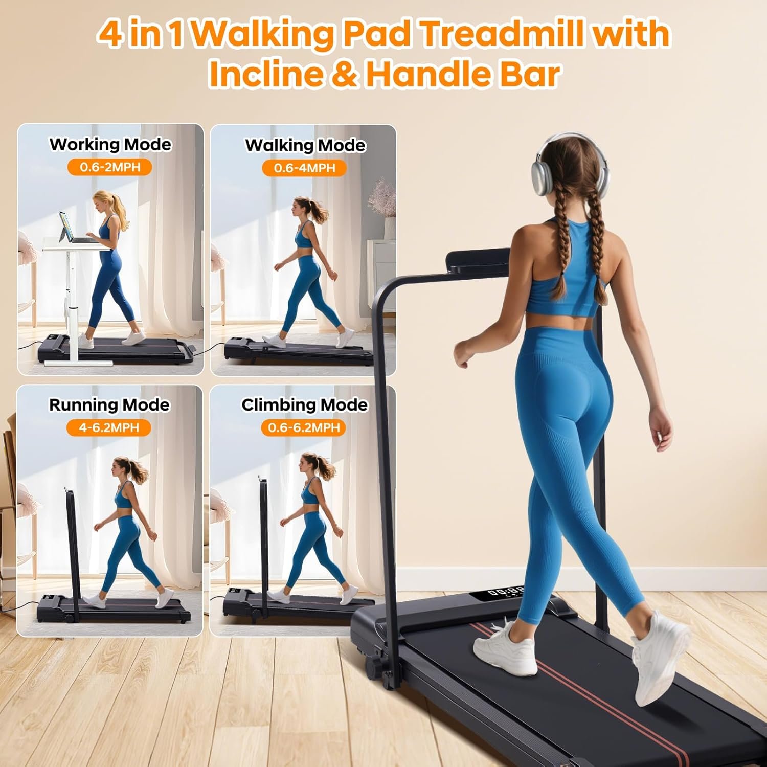 Walking Pad with Handle Bar and Incline 3.0HP Portable Small Treadmill