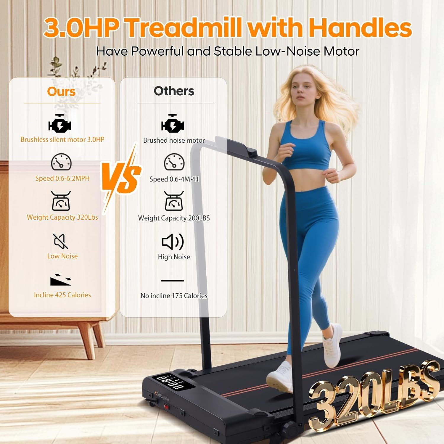 Walking Pad with Handle Bar and Incline 3.0HP Portable Small Treadmill
