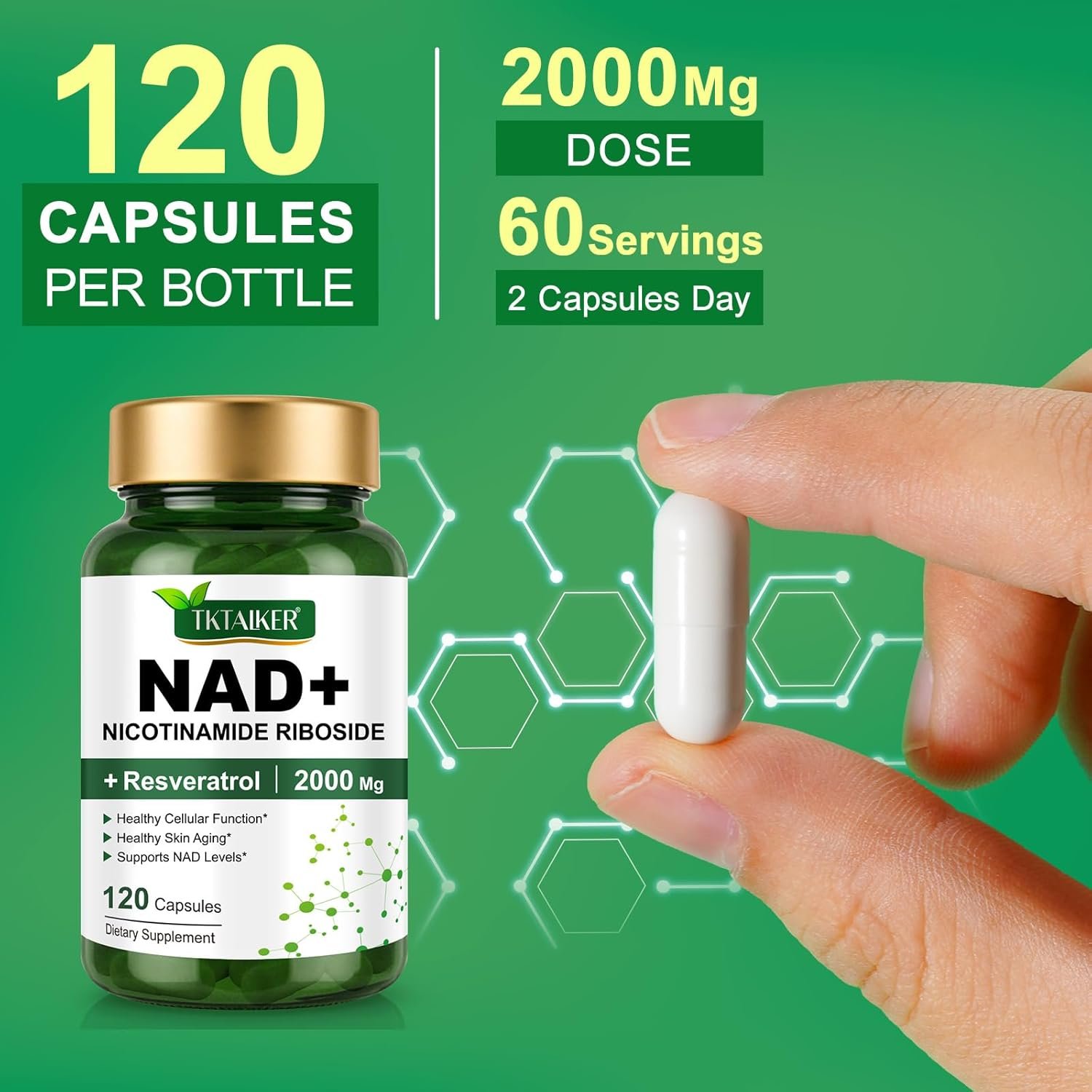 NAD Supplement 2000 Mg 120 Capsules True NAD and Resveratrol 2