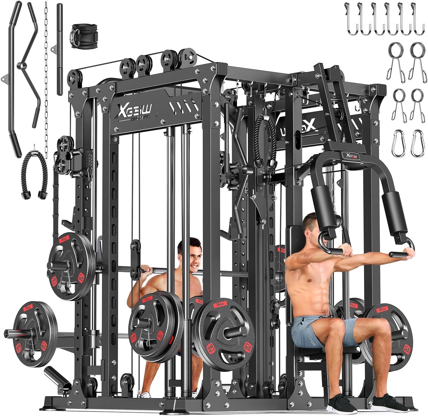 Multi-Purpose Squat Rack Smith Machine Weight Rack Set with Cable Crossover System