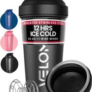 VELOMIX 24 oz Stainless Steel Shaker Bottle with Wire Whisk