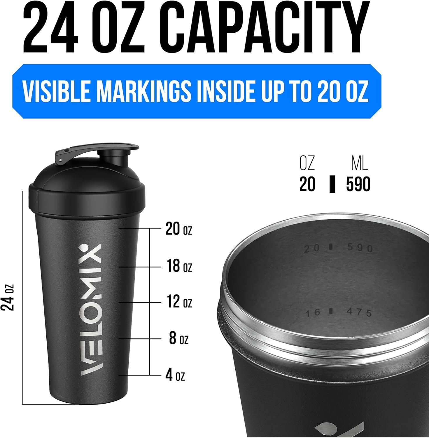 VELOMIX 24 oz Stainless Steel Shaker Bottle with Wire Whisk - Image 2